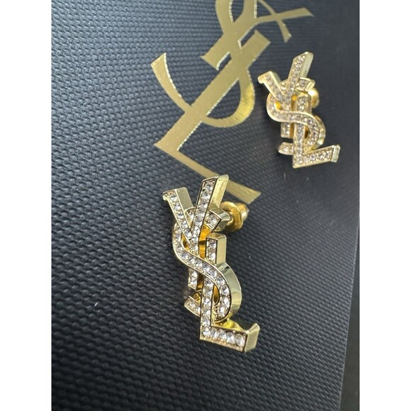 Yves Saint Laurent YSL Signature Crystals Accent Letters Stud Earrings - Picture 1 of 15